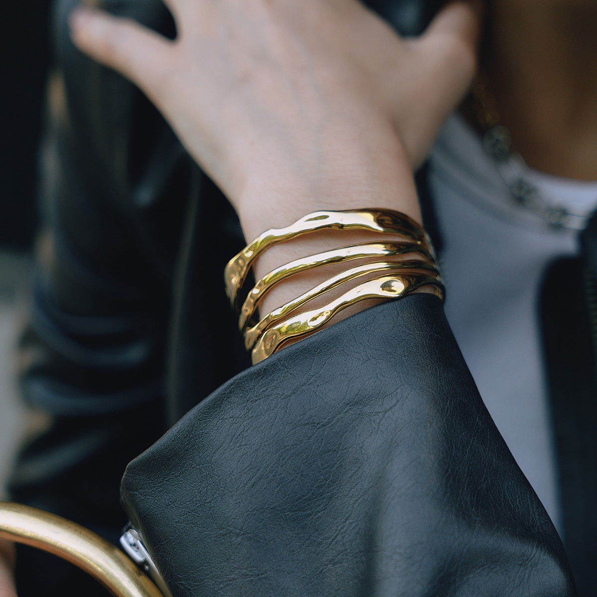 Quiet design minimalist style 18K gold stainless steel four-layer hollow opening bracelet trendy stainless steel jewelry wholesale