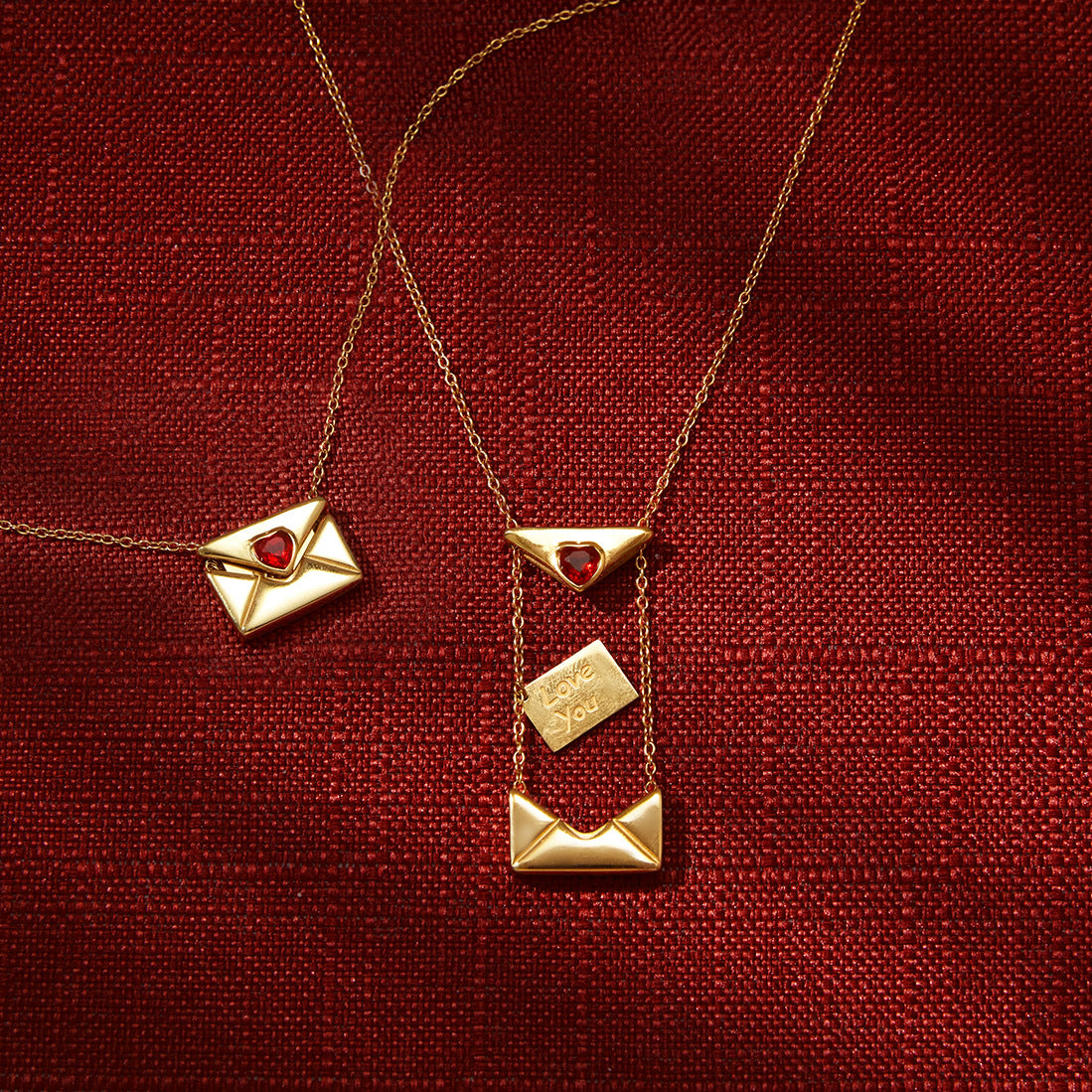 Quiet classic style 18K gold stainless steel red love zircon envelope necklace light luxury niche cross-border jewelry women