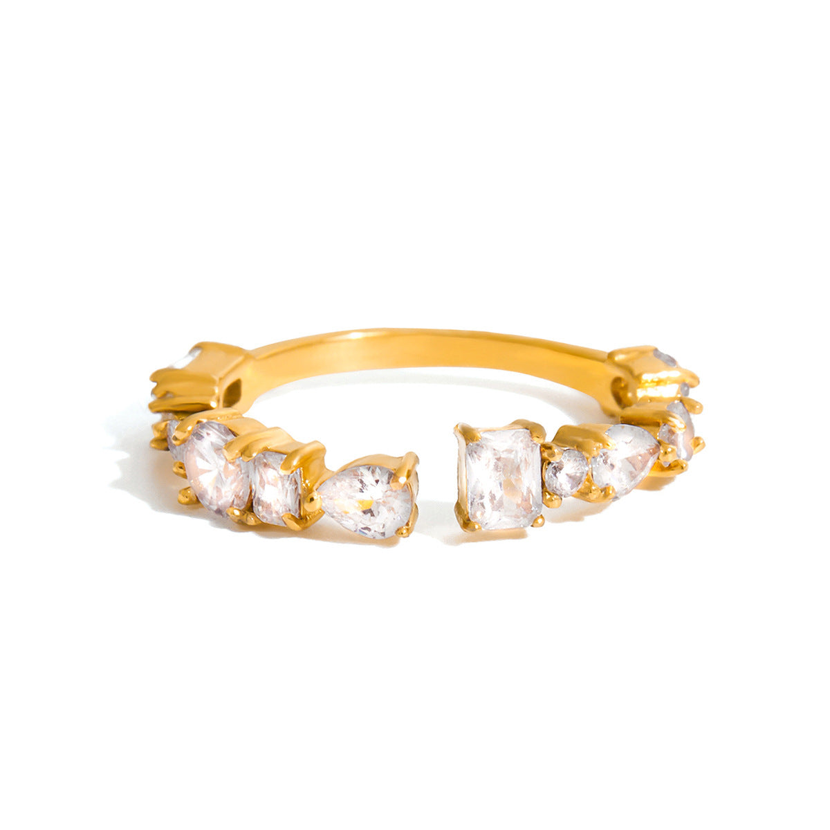 Classic style with a quiet and charming design, 18K gold stainless steel irregular white zircon adjustable versatile opening ring