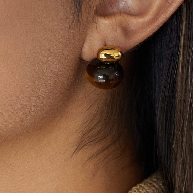 Jingqiao Vintage Style 18K Gold Stainless Steel Plump Tiger's Eye Stone Earrings Light Luxury High-End Cross-border Earrings