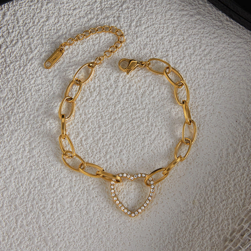 Classic style 18K gold stainless steel bracelet with white rhinestone heart, wholesale jewelry for classic style