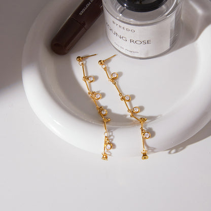 Jingqiao European and American stainless steel 18K white zircon tassel earrings, fashionable and elegant with shining stud earrings, new cross-border style for women