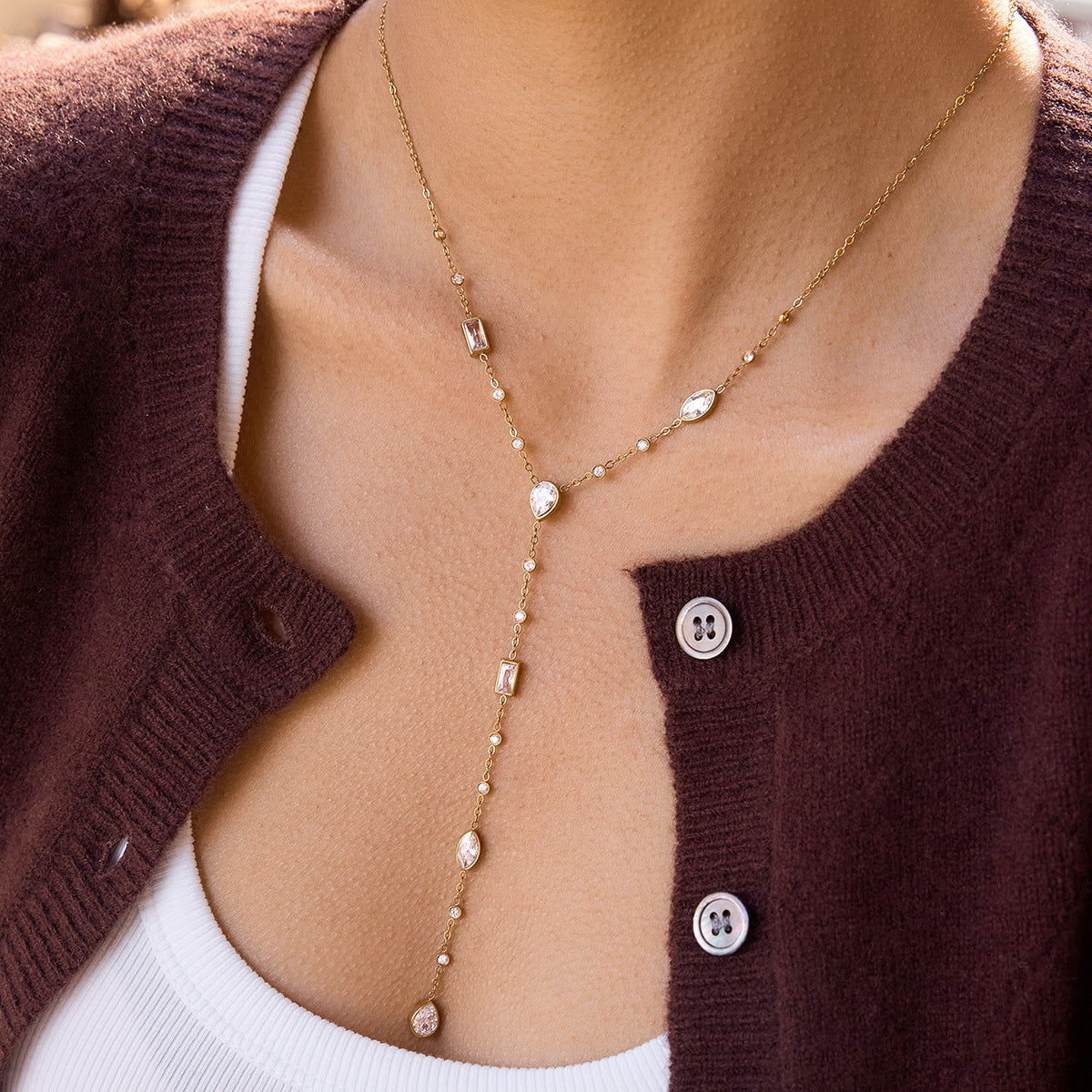 Jingqiao European and American 18K gold stainless steel white geometric zircon Y-shaped chain necklace is a best-selling cross-border accessory that doesn't fade for women