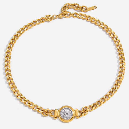 Classic 18K gold stainless steel gold-silver color-block portrait coin engraving round pendant necklace with a quiet and charming design