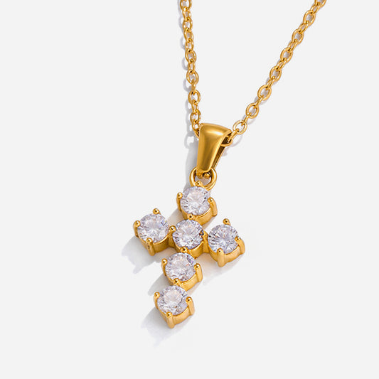 Classic style 18K gold stainless steel with white round zircon cross pendant necklace for a quiet and charming design