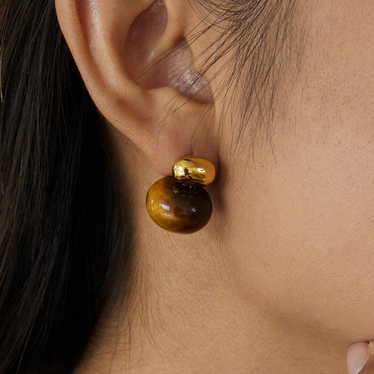 Jingqiao Vintage Style 18K Gold Stainless Steel Plump Tiger's Eye Stone Earrings Light Luxury High-End Cross-border Earrings
