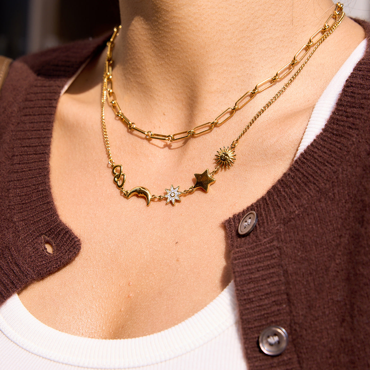 Jingqiao European and American stainless steel 18K gold star moon smiley white zircon necklace cross-border necklace for women that won't fade