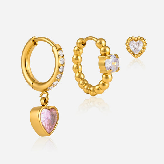 Jingqiao European and American Earring Set, 18k gold stainless steel zircon heart pendant earrings, cross-border daily versatile earrings