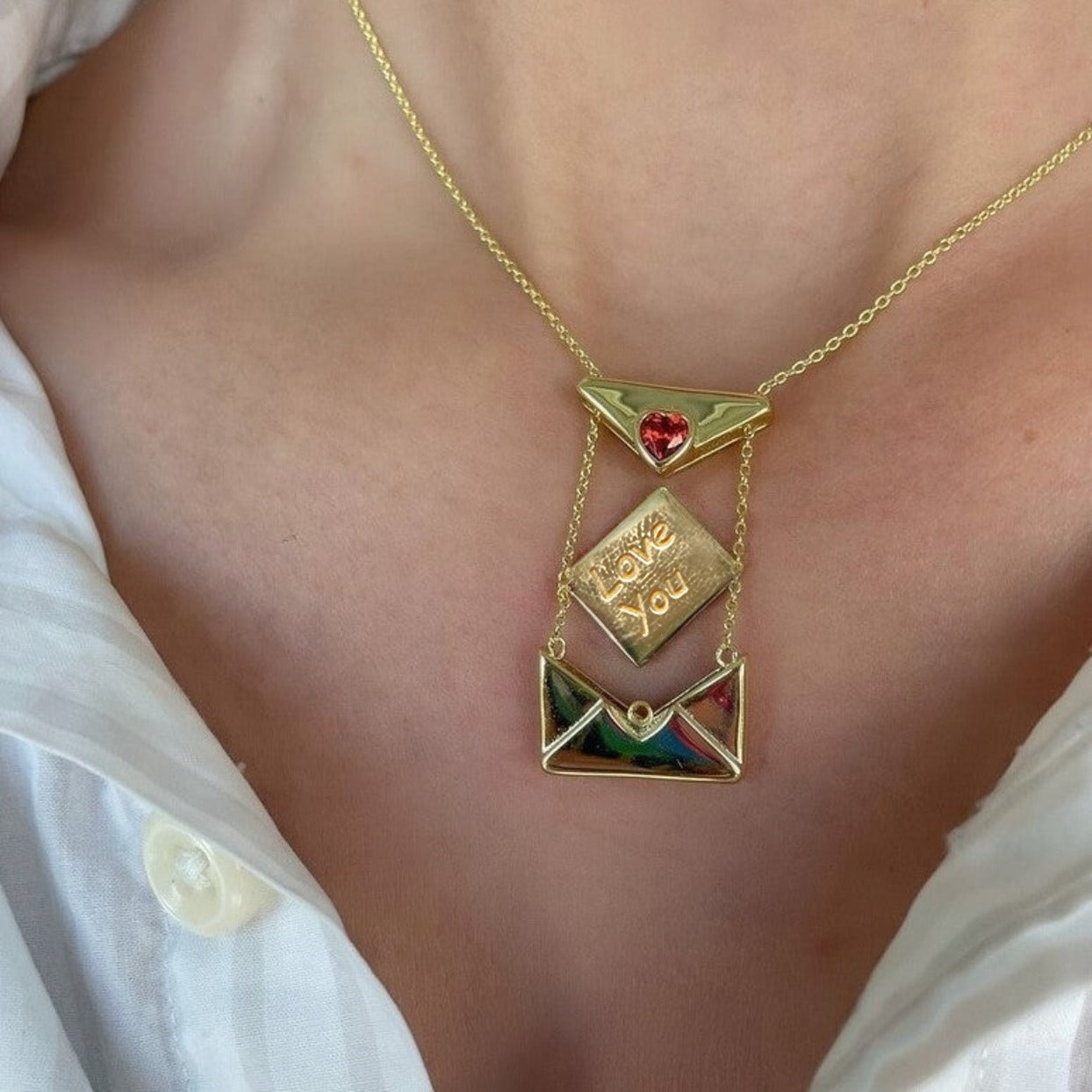 Quiet classic style 18K gold stainless steel red love zircon envelope necklace light luxury niche cross-border jewelry women