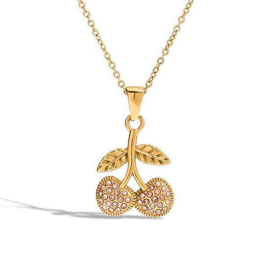 Quiet European and American stainless steel necklace, light luxury and high-end 18K gold titanium steel design sense pink zirconium cherry pendant accessories