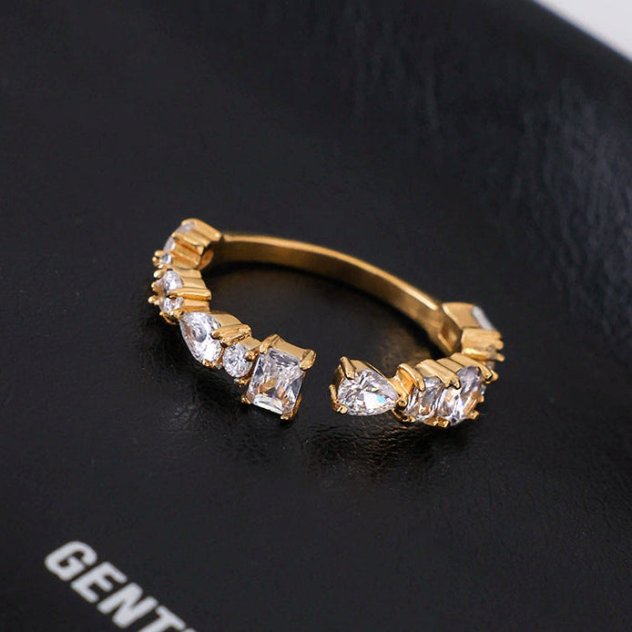 Classic style with a quiet and charming design, 18K gold stainless steel irregular white zircon adjustable versatile opening ring