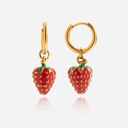 Quiet design, sweet and romantic, 18K gold stainless steel red drip oil stainless steel strawberry pendant earrings, earrings