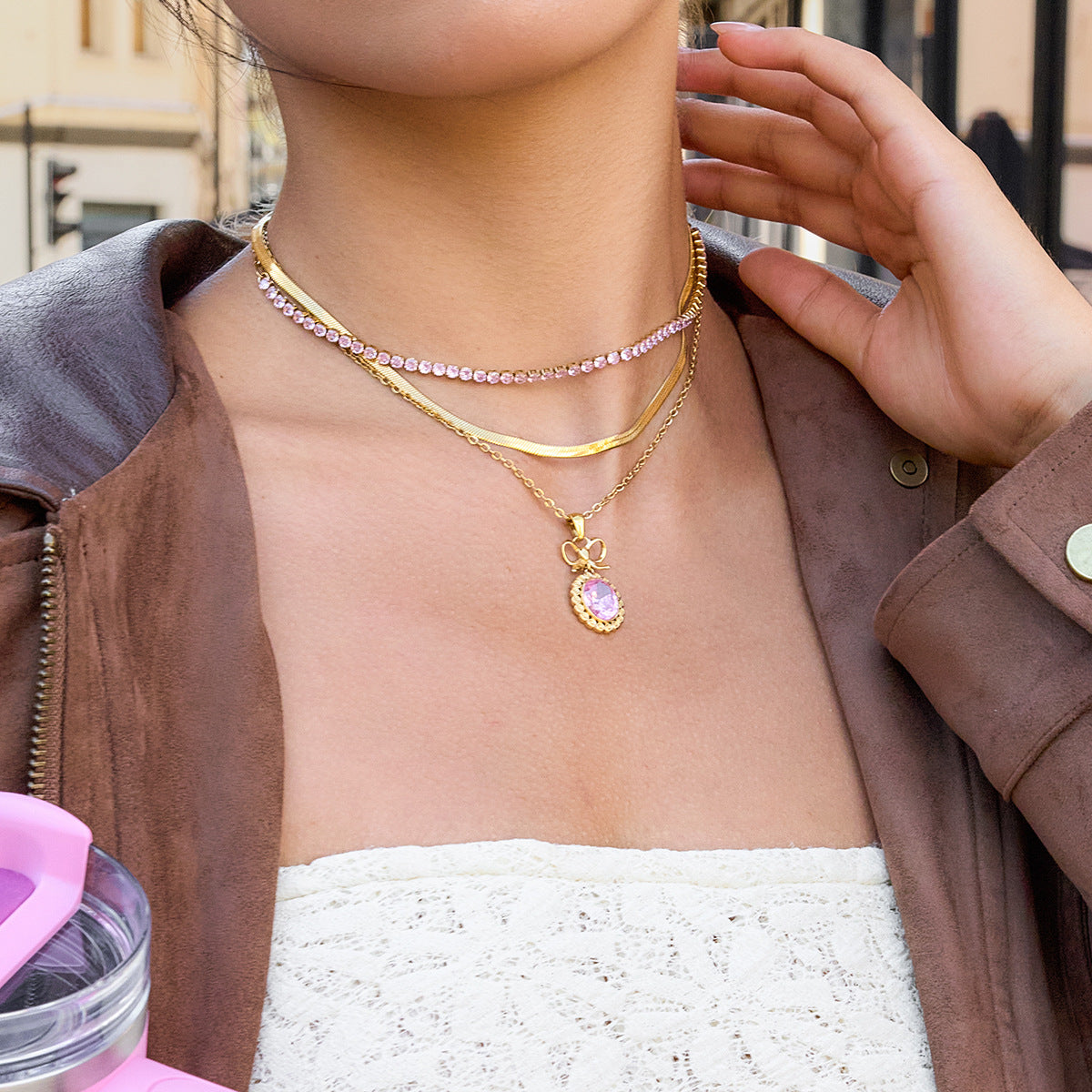 Jingqiao vintage pink zircon necklace accessories for women, stainless steel jewelry, light luxury high-end cross-border accessories, niche designs