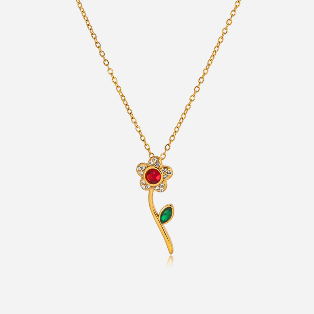 Jingqiao sweet style 18K gold stainless steel rhinestone flower pendant necklace, light luxury niche cross-border accessory for women