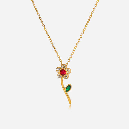Jingqiao sweet style 18K gold stainless steel rhinestone flower pendant necklace, light luxury niche cross-border accessory for women