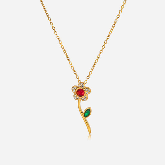 Jingqiao sweet style 18K gold stainless steel rhinestone flower pendant necklace, light luxury niche cross-border accessory for women