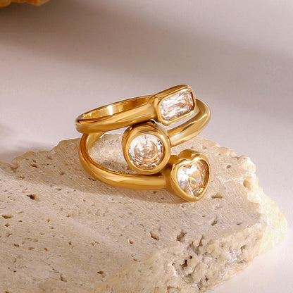 Quiet design, temperament does not fade, 18k gold stainless steel gold three-layer love round square zircon ring