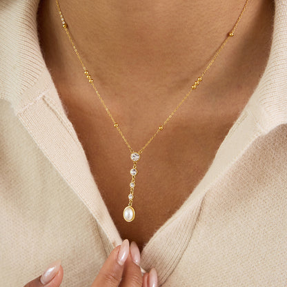 Jingqiao Classic Style 18K Gold Stainless Steel White Diamond Necklace Decoration Y-Shaped Chain Pearl Jewelry for Autumn and Winter Cross-border High-End Feel