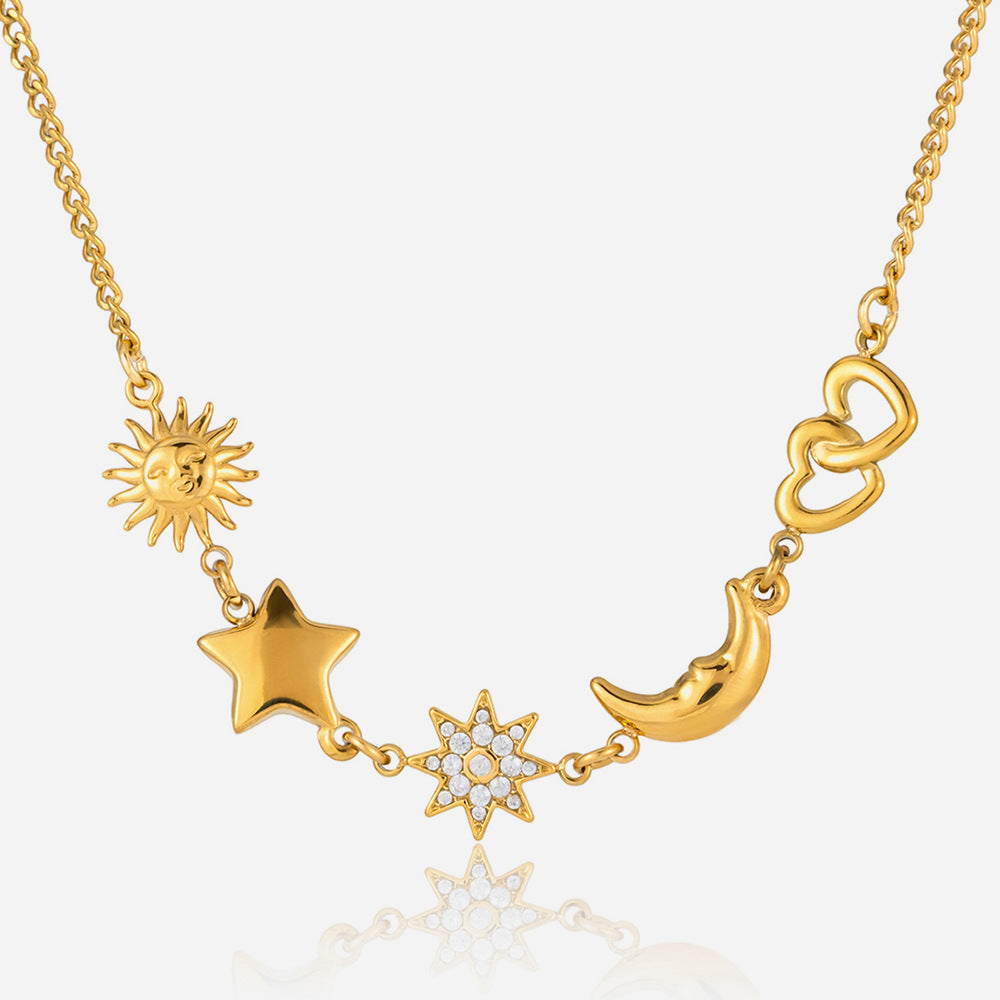 Jingqiao European and American stainless steel 18K gold star moon smiley white zircon necklace cross-border necklace for women that won't fade