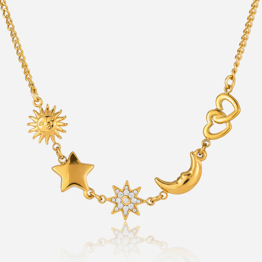 Jingqiao European and American stainless steel 18K gold star moon smiley white zircon necklace cross-border necklace for women that won't fade