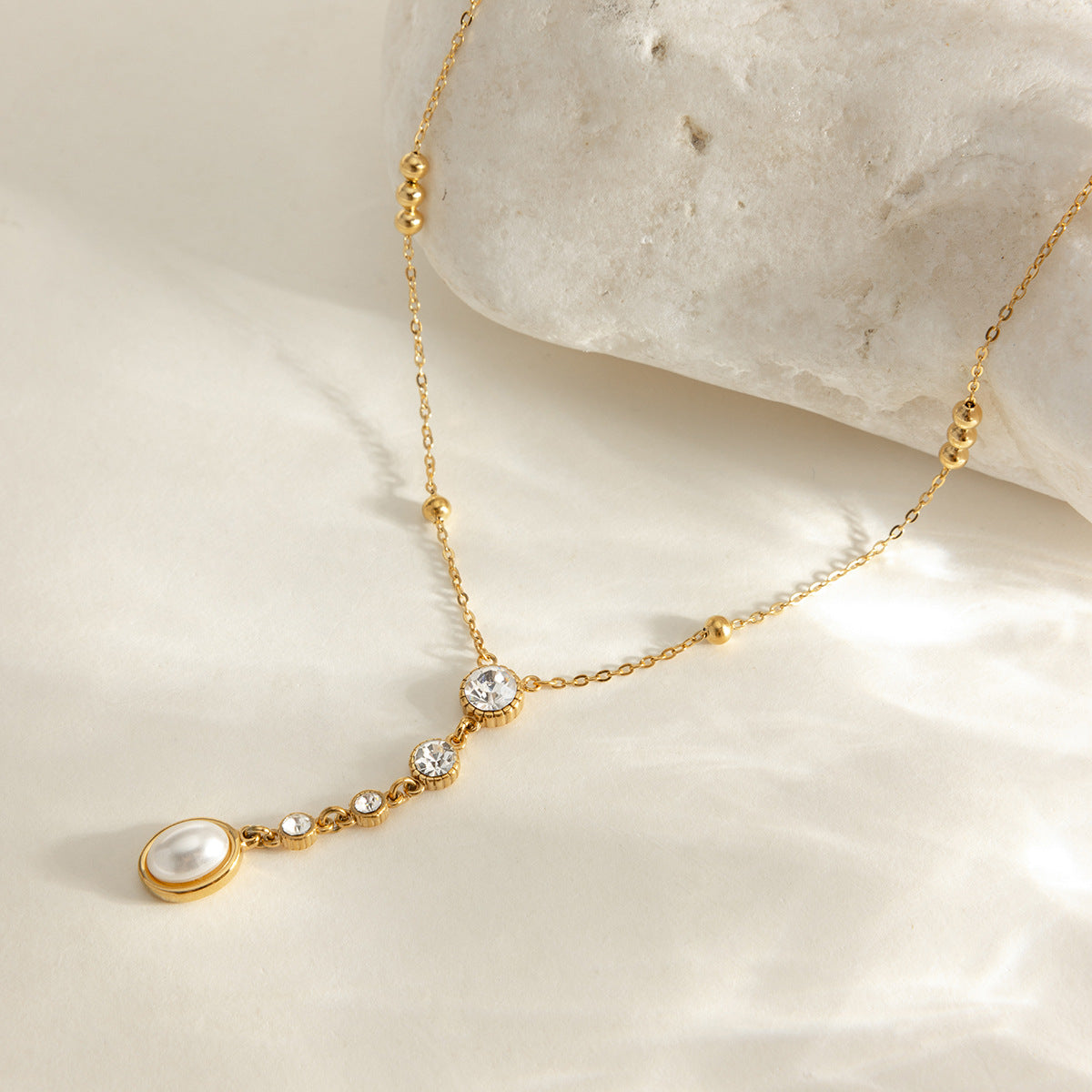 Jingqiao Classic Style 18K Gold Stainless Steel White Diamond Necklace Decoration Y-Shaped Chain Pearl Jewelry for Autumn and Winter Cross-border High-End Feel