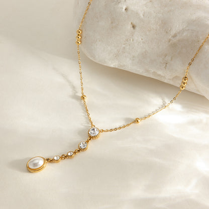 Jingqiao Classic Style 18K Gold Stainless Steel White Diamond Necklace Decoration Y-Shaped Chain Pearl Jewelry for Autumn and Winter Cross-border High-End Feel