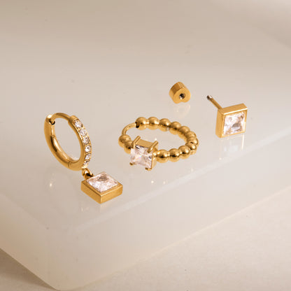Jingqiao European and American Earring Set for Women, 18k Gold Stainless Steel Zircon Earrings, Cross-border INS Elegant High-End Earrings