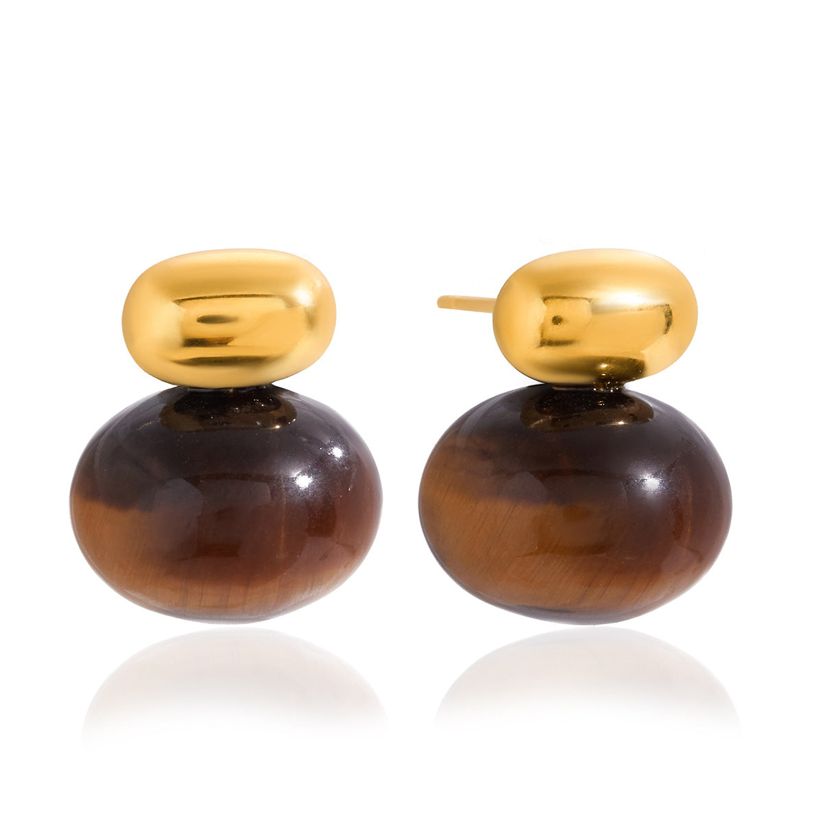 Jingqiao Vintage Style 18K Gold Stainless Steel Plump Tiger's Eye Stone Earrings Light Luxury High-End Cross-border Earrings