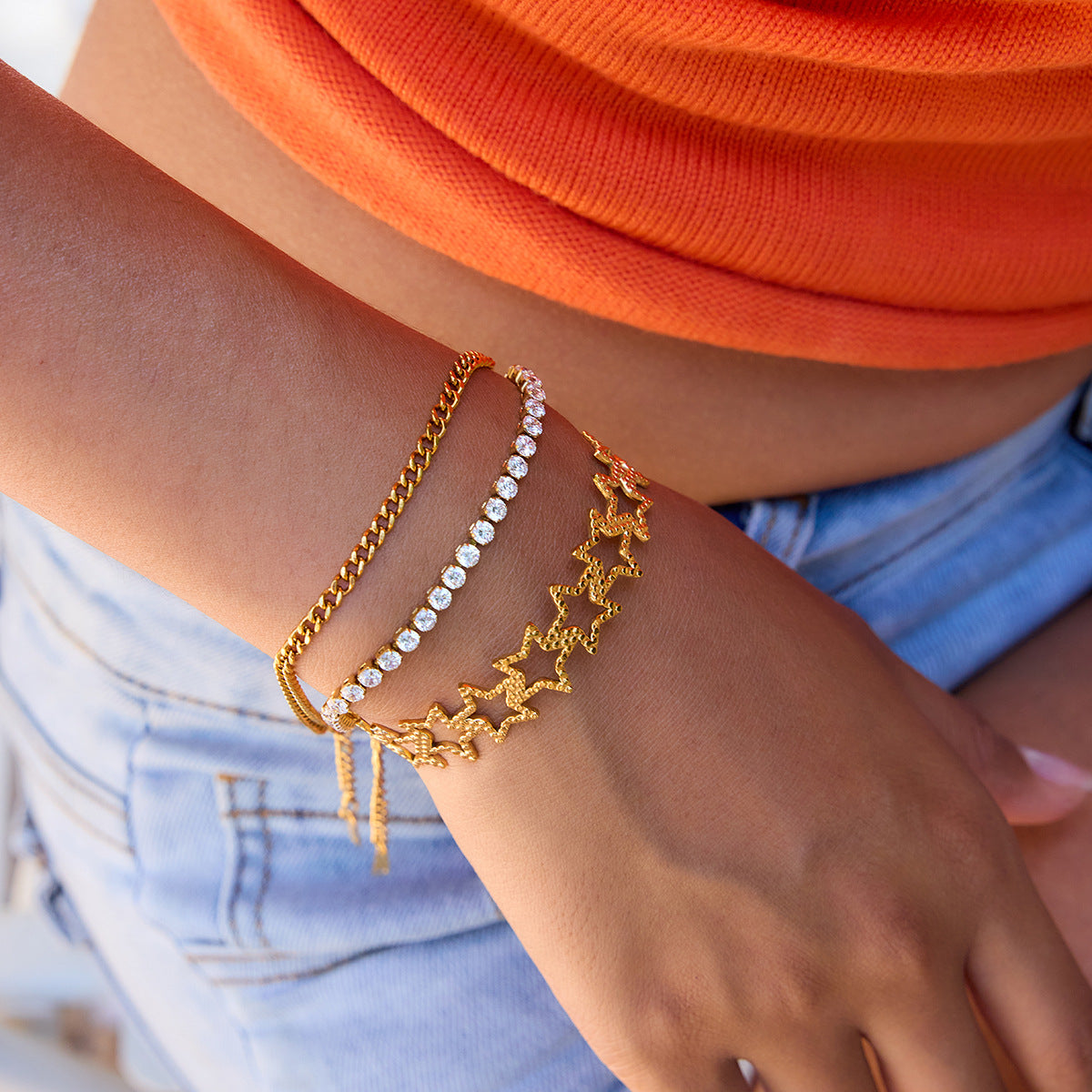 Quiet design resort style 8K gold stainless steel hammered hollow five-pointed star opening stainless steel bracelet jewelry