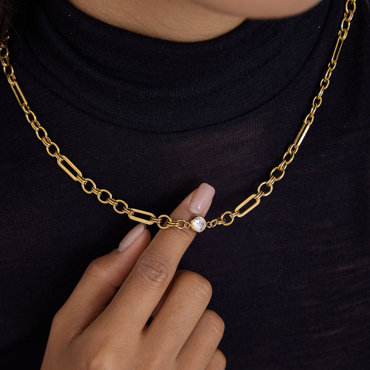 Classic style 18K gold stainless steel with white zircon 3:1 chain, handmade chain necklace with a quiet and charming design