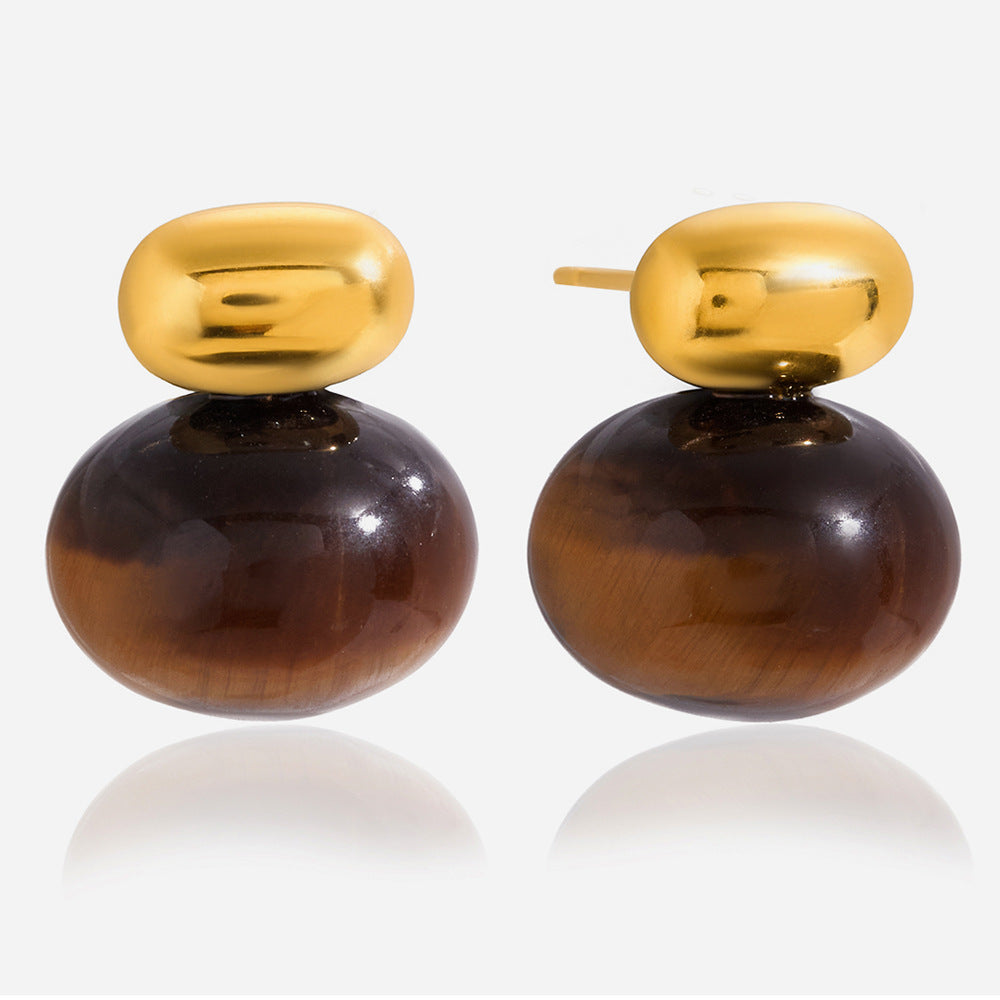 Jingqiao Vintage Style 18K Gold Stainless Steel Plump Tiger's Eye Stone Earrings Light Luxury High-End Cross-border Earrings