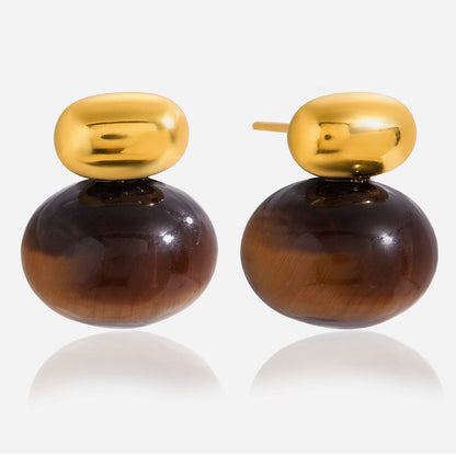 Jingqiao Vintage Style 18K Gold Stainless Steel Plump Tiger's Eye Stone Earrings Light Luxury High-End Cross-border Earrings
