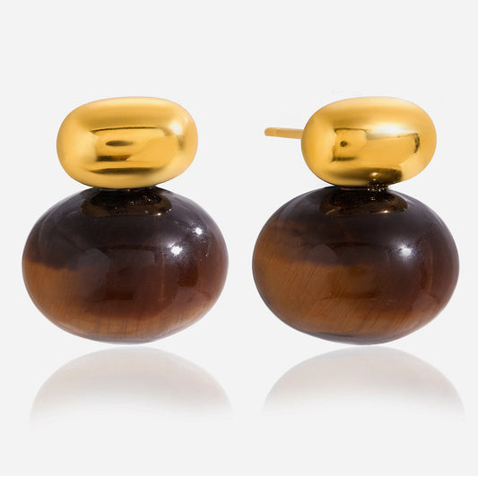 Jingqiao Vintage Style 18K Gold Stainless Steel Plump Tiger's Eye Stone Earrings Light Luxury High-End Cross-border Earrings