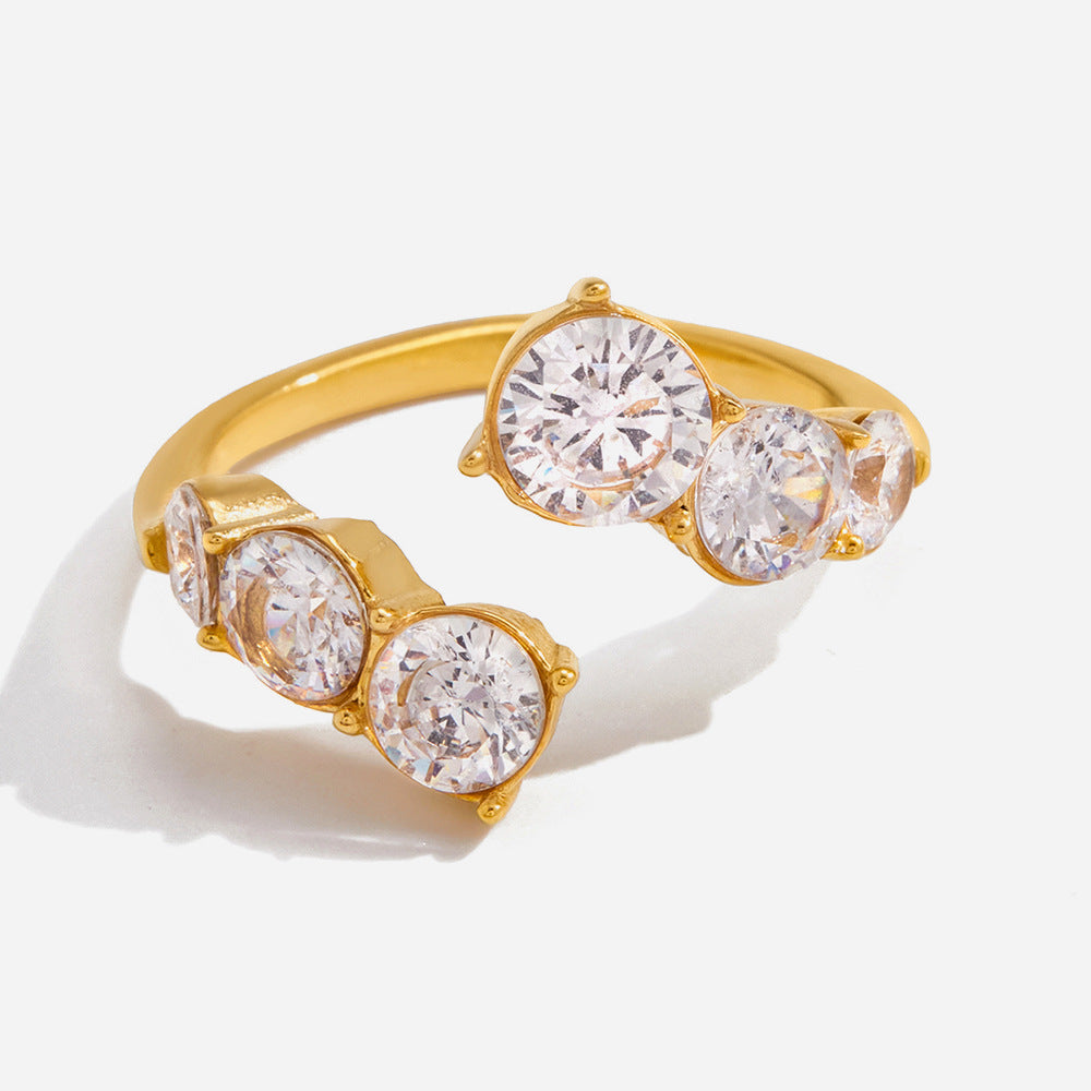 Jingqiao Classic Style 18K Gold Stainless Steel Round White Zircon Ring, Niche High-End Jewelry Cross-border Accessory