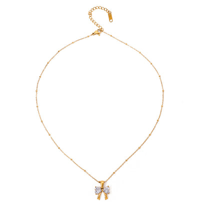 Elegant design with a fashionable and versatile 18k gold stainless steel bow, white zircon pendant necklace
