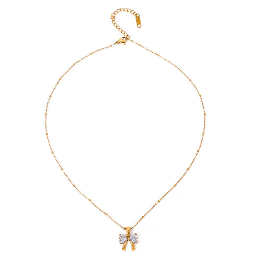 Elegant design with a fashionable and versatile 18k gold stainless steel bow, white zircon pendant necklace