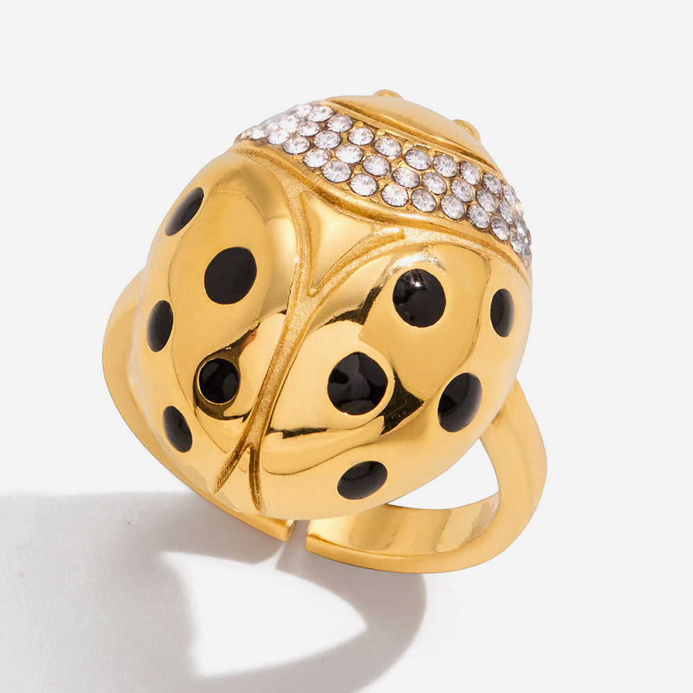 Jingqiao classic style white zircon ladybug ring, niche high-end look, titanium steel fade-proof cross-border e-commerce design women