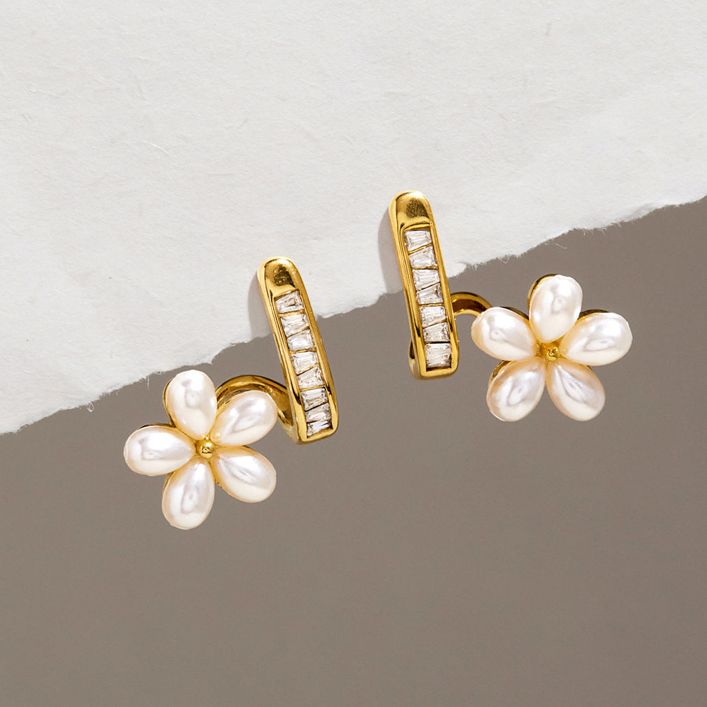 Jingqiao titanium steel earrings, rhinestone resin five-petal flower entwined earrings, stainless steel earrings, European and American cross-border wholesale