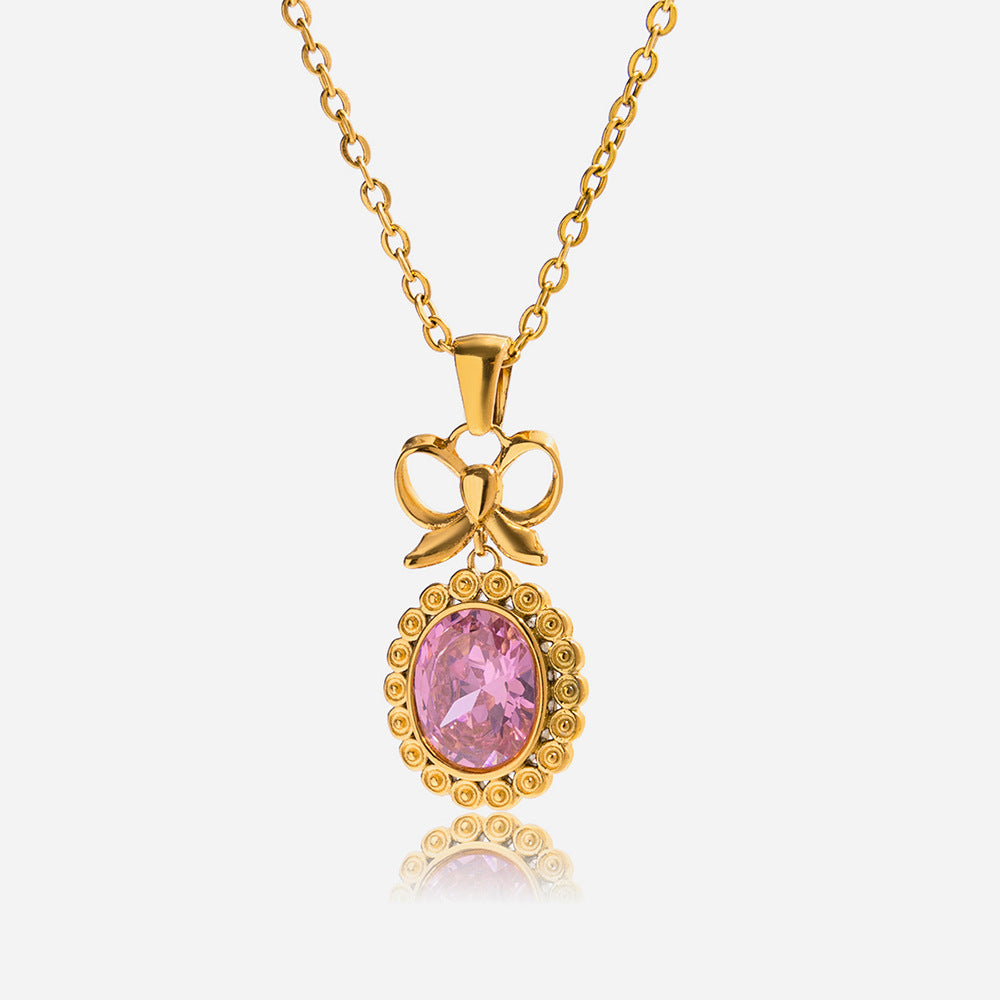 Jingqiao vintage pink zircon necklace accessories for women, stainless steel jewelry, light luxury high-end cross-border accessories, niche designs