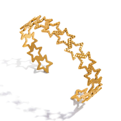 Quiet design resort style 8K gold stainless steel hammered hollow five-pointed star opening stainless steel bracelet jewelry