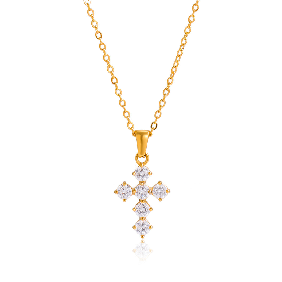 Classic style 18K gold stainless steel with white round zircon cross pendant necklace for a quiet and charming design