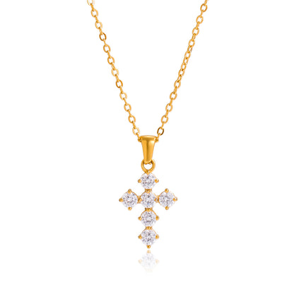 Classic style 18K gold stainless steel with white round zircon cross pendant necklace for a quiet and charming design