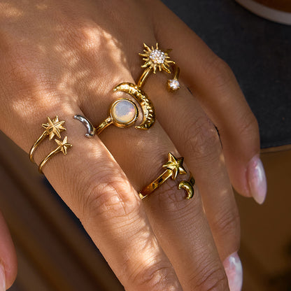 Jingqiao European and American stainless steel 18K opal moon ring, cross-border accessory, elegant fashion, high-end style for women