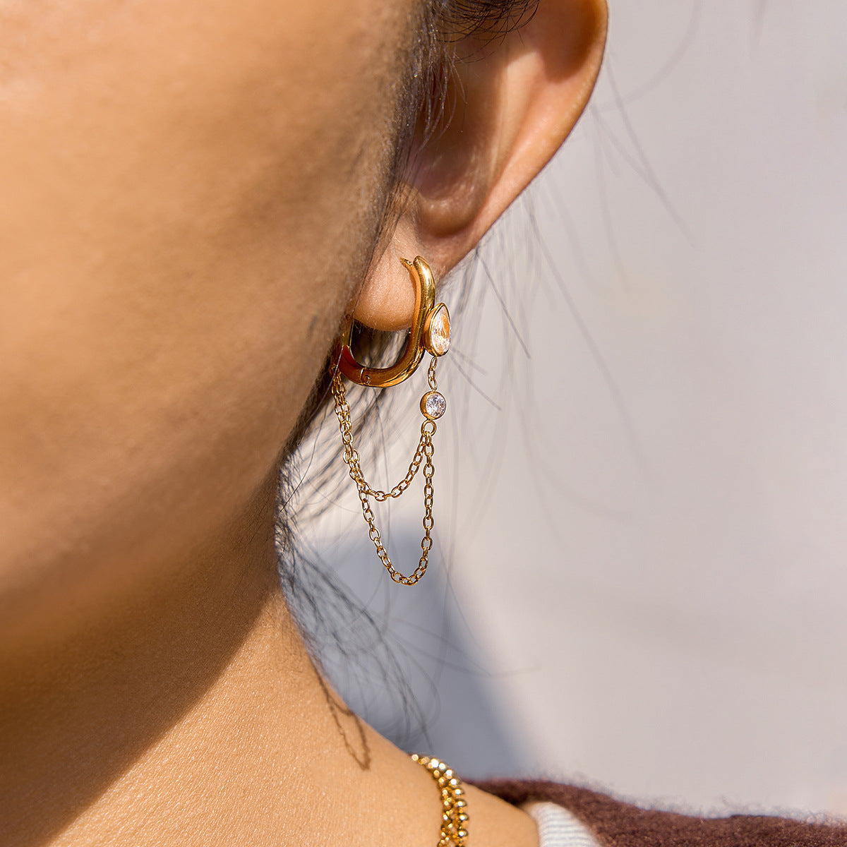 Jingqiao Classic Style 18K Gold Stainless Steel Waterdrop-shaped Zircon Tassel Earrings Light Luxury High-End Earrings for Cross-border Women