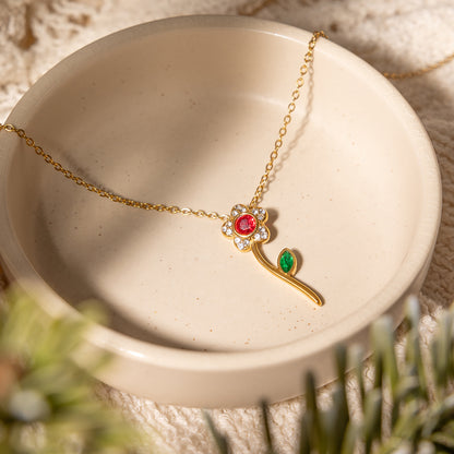 Jingqiao sweet style 18K gold stainless steel rhinestone flower pendant necklace, light luxury niche cross-border accessory for women