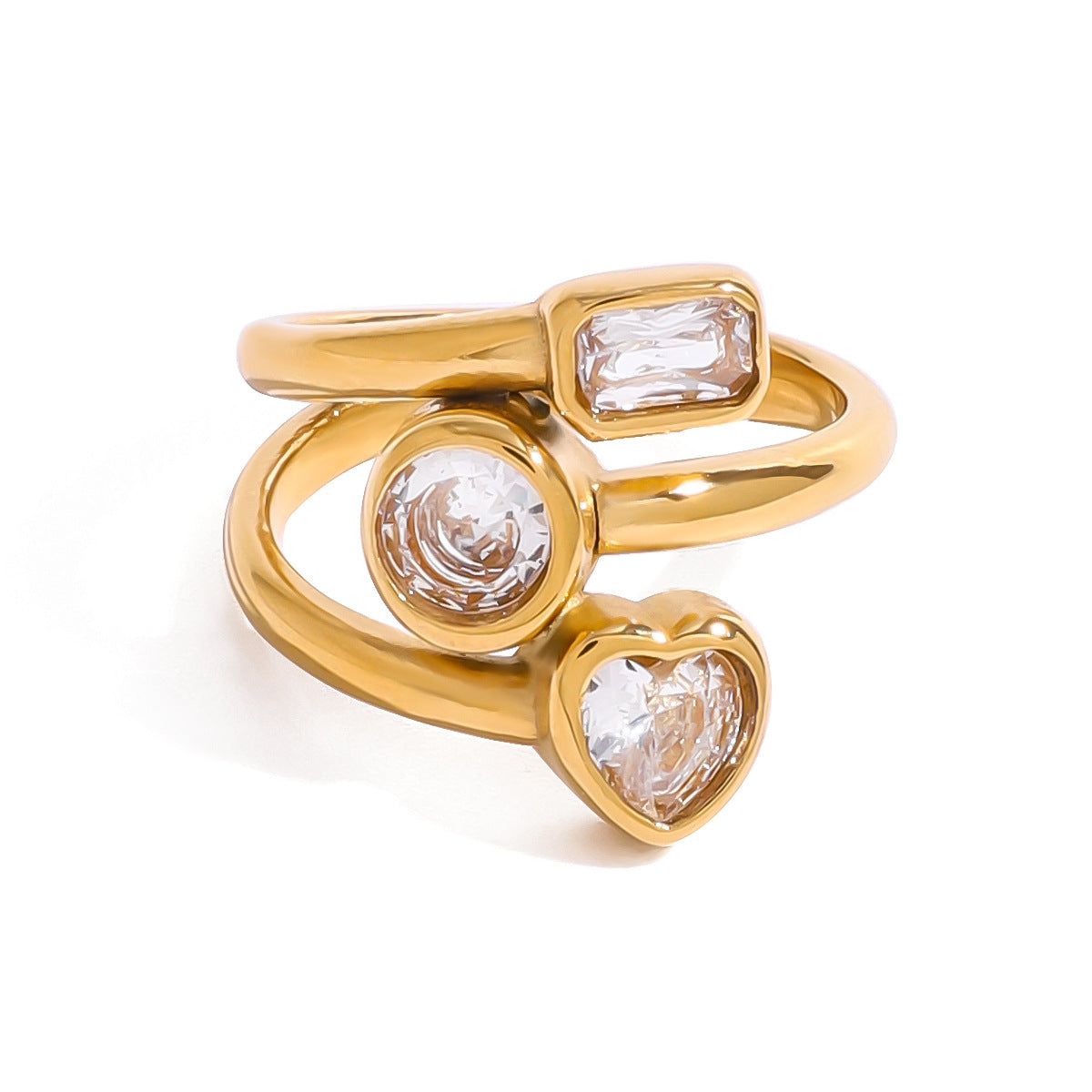 Quiet design, temperament does not fade, 18k gold stainless steel gold three-layer love round square zircon ring