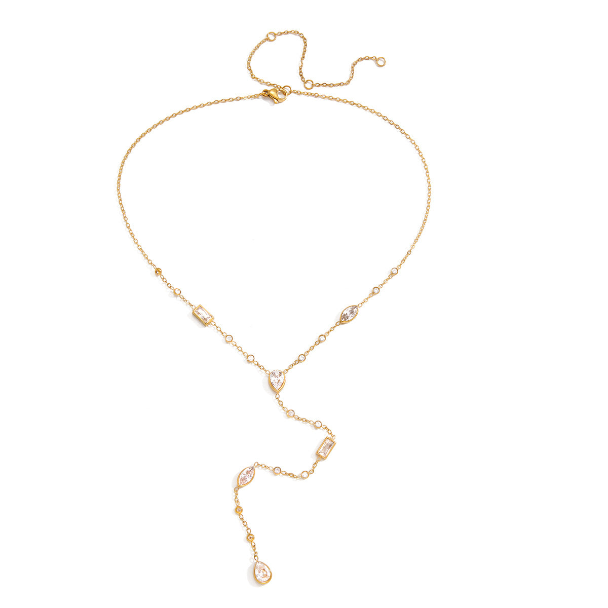 Jingqiao European and American 18K gold stainless steel white geometric zircon Y-shaped chain necklace is a best-selling cross-border accessory that doesn't fade for women
