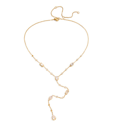 Jingqiao European and American 18K gold stainless steel white geometric zircon Y-shaped chain necklace is a best-selling cross-border accessory that doesn't fade for women