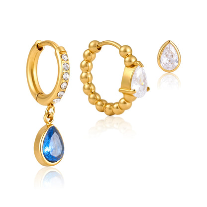 Jingqiao European and American Earring Set for Women, 18K Gold Stainless Steel Waterdrop-shaped Zircon Earrings, Cross-border Personalized Elegant Earrings
