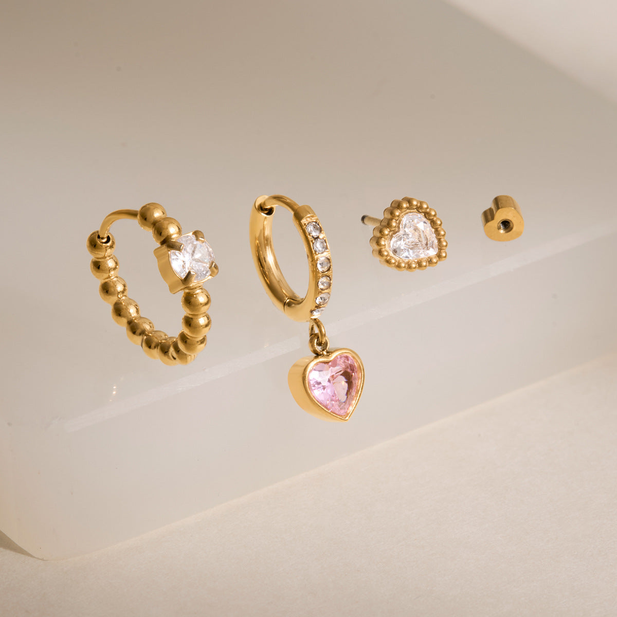 Jingqiao European and American Earring Set, 18k gold stainless steel zircon heart pendant earrings, cross-border daily versatile earrings
